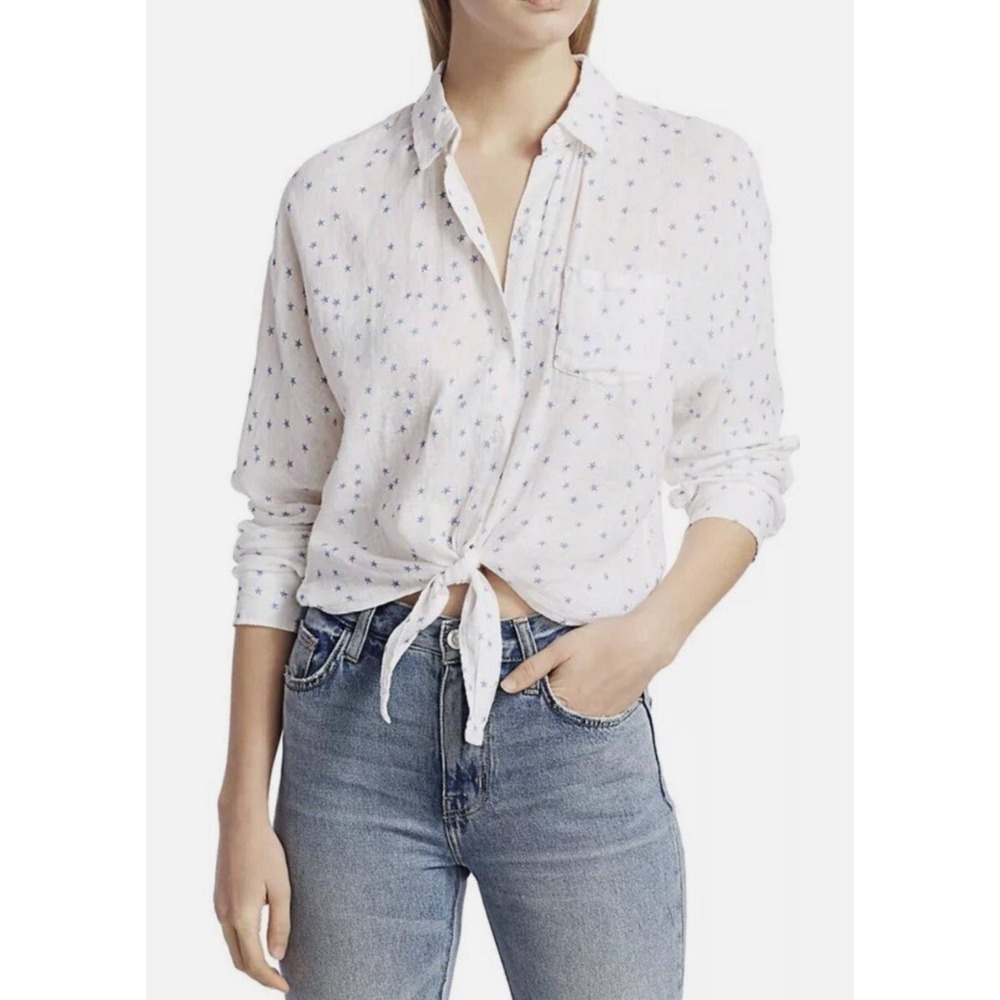 RAILS Val Starry Blue Star Print Linen Blend Tie Front Button Down Shirt Small S